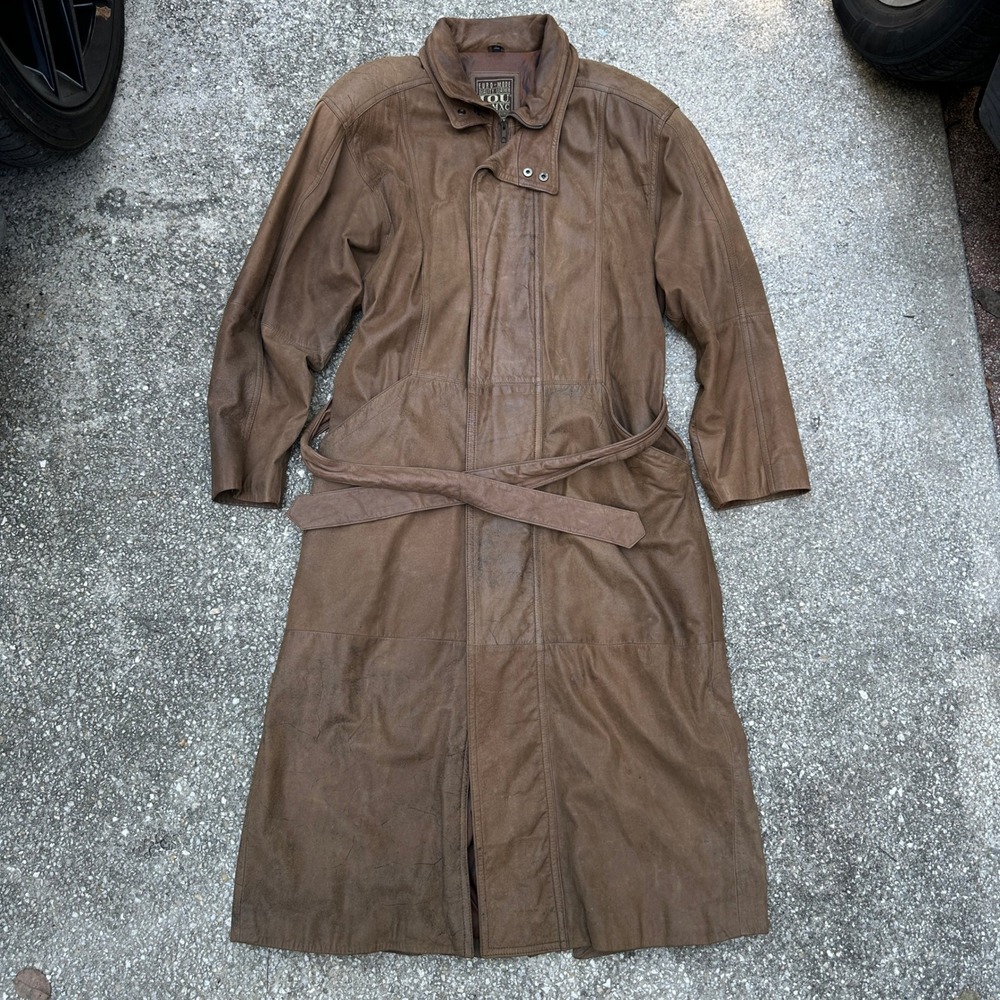 Vtg I.O.U. Euro-Mode Brown Genuine Leather Trench Coat Duster Belted L 1990